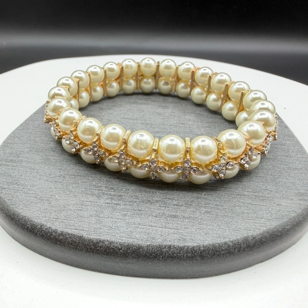 Faux Pearl Rhinestone Wide Stretch Bracelet Gold Tone Bridal Statement Jewelry